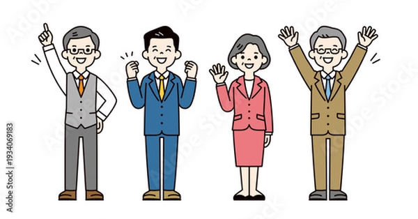 Obraz 元気にポーズをとる、スーツを着たシニア世代の男性と女性の全身ベクターイラスト素材セット