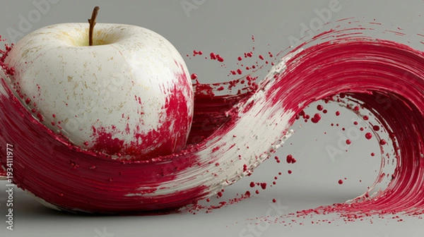 Obraz 赤いペイントが舞う白いリンゴ｜ダイナミックなコンセプトフードアート