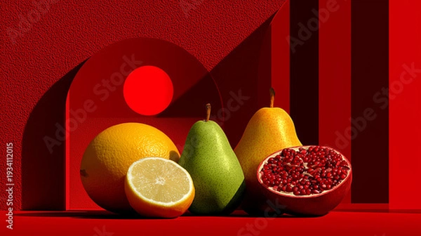 Obraz 赤い幾何学背景とシトラスフルーツのモダン静物アート