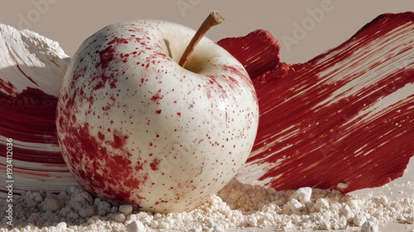 Obraz 赤いペイントが舞う白いリンゴ｜ダイナミックなコンセプトフードアート