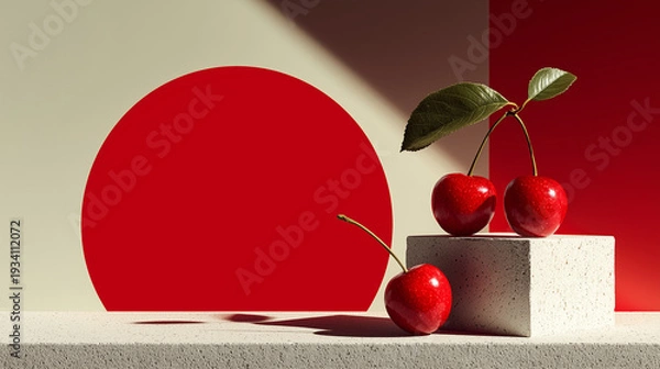 Obraz 赤い円形背景とチェリーのミニマル静物アート｜モダンフードコンセプト