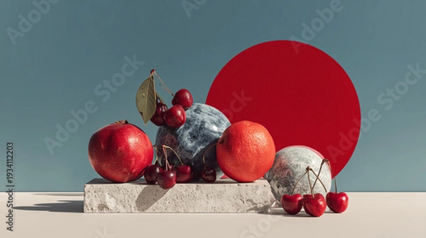 Obraz 赤い円形背景とフルーツのモダン静物アート｜ミニマルフードコンセプト