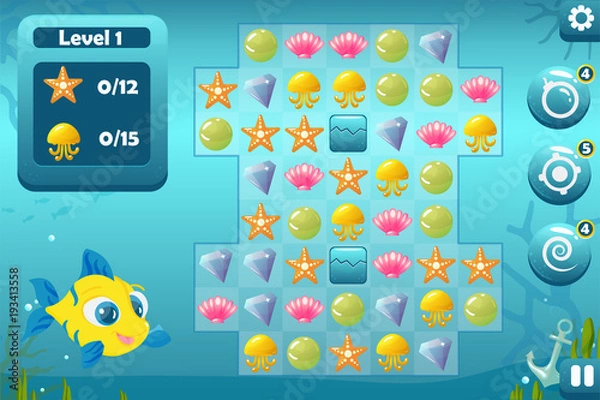 Obraz Match Three Game Interface for Underwater World