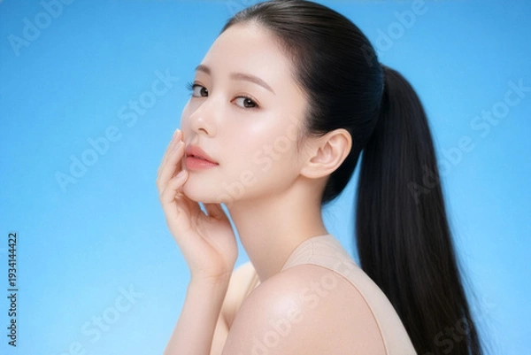 Obraz 透明感のある素肌と上品なツヤ感が際立つ若い日本人女性のビューティーポートレート、爽やかなブルー背景のコピースペースでスキンケア・コスメ広告に使える上質な美容バナー素材