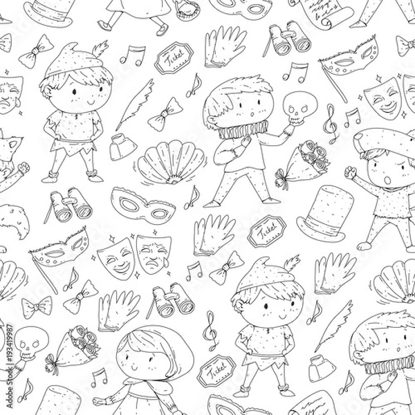 Obraz Children theatre patterns. Elements for design on the theatre. Collection of kids theatre symbols: mask, ticket, binocular. KIndergarten or school children perfomance. Doodle icons. Vector.