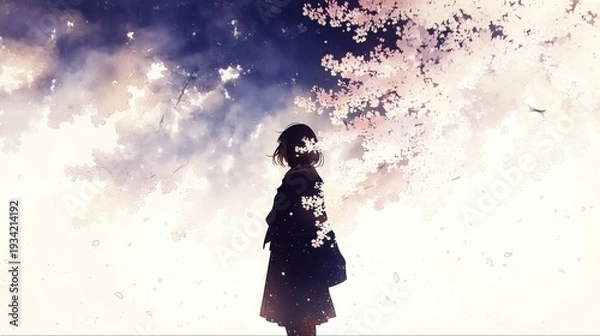 Obraz 満開の桜の下に佇む女性のシルエットと美しい春の空。