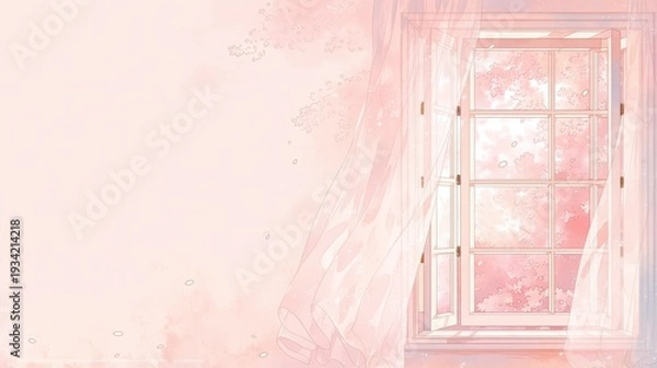 Obraz 満開の桜が見える開いた窓から差し込む春の柔らかな日差し。