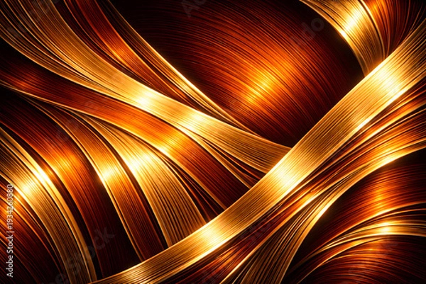 Obraz 温かみと高級感が広がるオレンジと金のメタリックウェーブ抽象背景