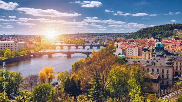 Fototapeta Skyline view panorama of Charles bridge (Karluv Most) with Old Town in Prague. Czech Republic