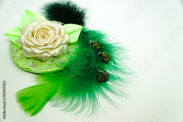 Fototapeta decoration on green feathers with a rose made by hands on a white background