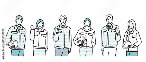 Obraz 男性と女性のグループー作業服を着てヘルメットを持つ男女ー倉庫、工業系ビジネスイラスト素材