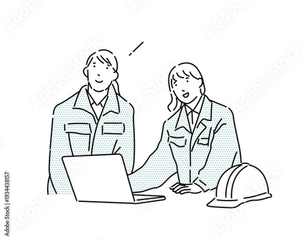 Obraz パソコンとヘルメットー作業服の女性二人が話し合うシーンー上半身ー事務仕事のベクターイラスト素材