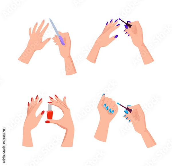 Fototapeta Hands with Bright Neat Manicure Illustrations Set