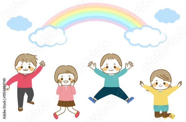 Obraz ジャンプする子どもたちと虹