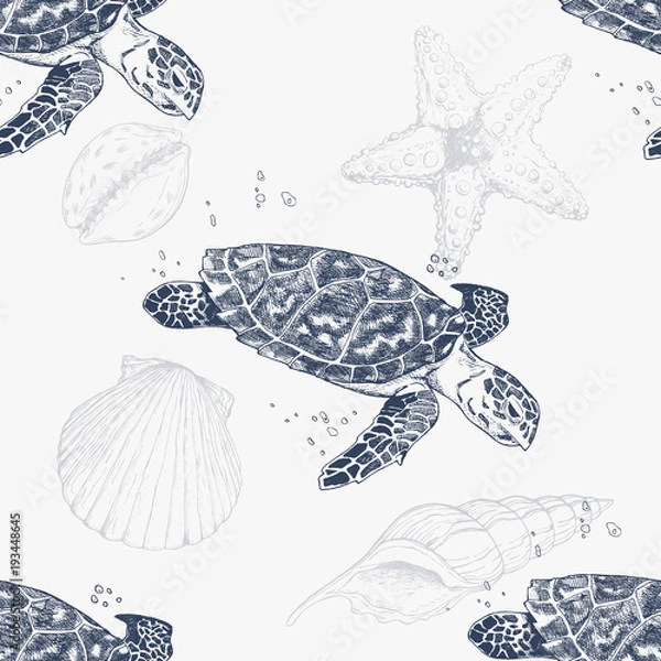Obraz Seamless pattern with hand-drawn turtles. Sea background. Vintage background