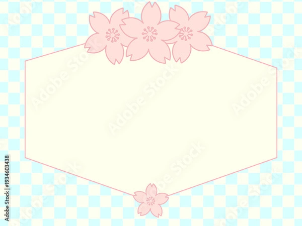 Obraz 桜イラストが入った落ち着いた色合いの上品なフレーム　水色の市松模様