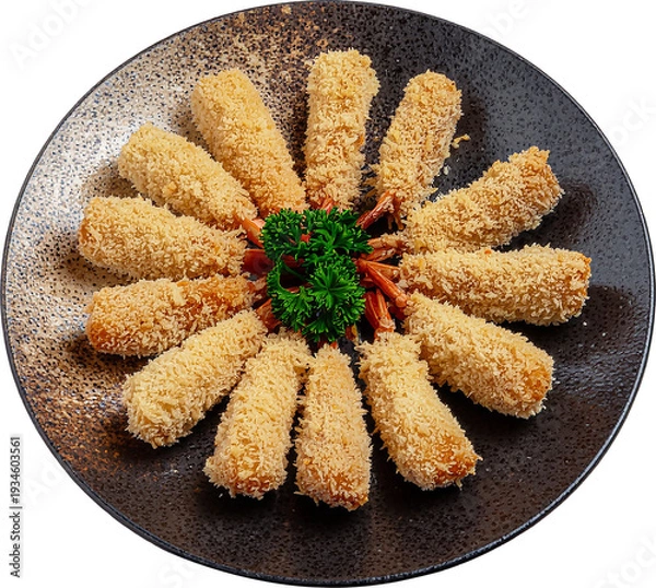Obraz 음식-튀김-새우 튀김-접시-바삭하게 튀겨진-접시에 담긴 새우튀김-원형 배치-생파슬리 데코-배경 제거