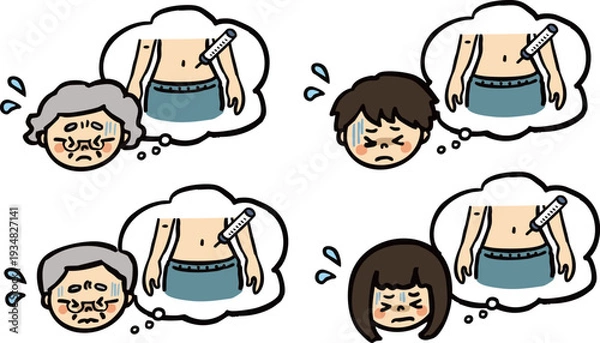 Obraz お腹への注射を怖がる人たちのイラストセット