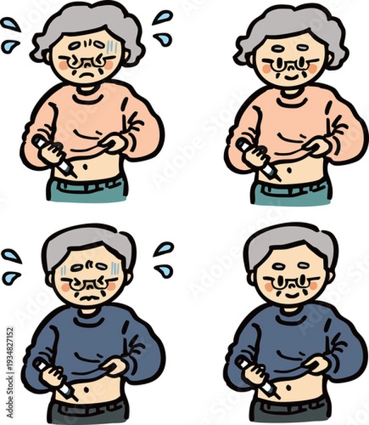 Obraz お腹に注射を刺す高齢者男女のイラストセット　不安顔差分