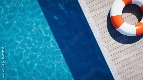 Obraz Summer pool edge with life ring on deck Copy space. 3d rendering