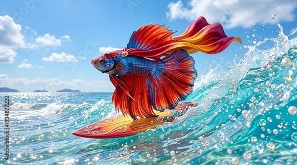 Obraz 美しいマントをつけた魚のベタがサーフィンするシュールな風景