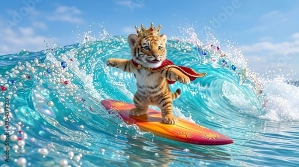 Obraz 美しい南の海でサーフィンしている王様赤ちゃん虎
