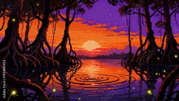 Obraz 蛍が舞う夕焼けのピクセルマングローブ林と水面反射