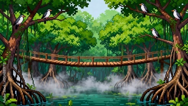 Obraz 木道と霧に包まれた緑豊かなピクセルマングローブ湿地