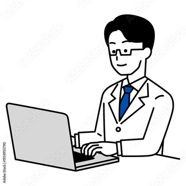 Obraz ノートパソコンで仕事をする医師の男性
