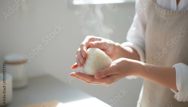 Obraz おにぎりを握る手：湯気