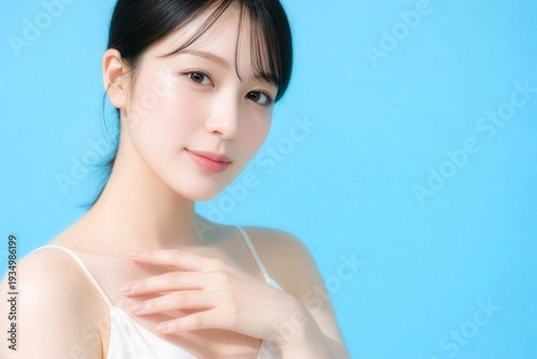 Obraz 透明感のある素肌とやわらかな微笑みが魅力的な若い日本人女性のビューティーポートレート、爽やかなブルー背景のコピースペースでスキンケア・コスメ広告に使える上質な美容バナー素材