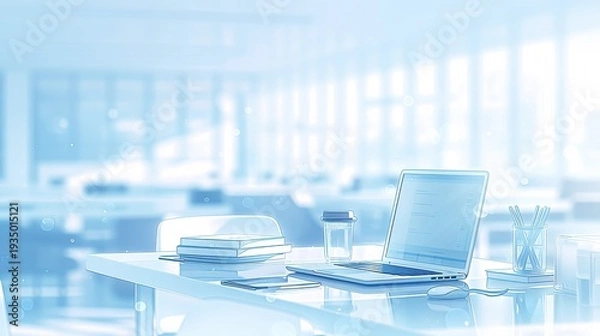 Obraz 明るい日差しが差し込むオフィスデスクに置かれたパソコンと文房具のビジネス背景