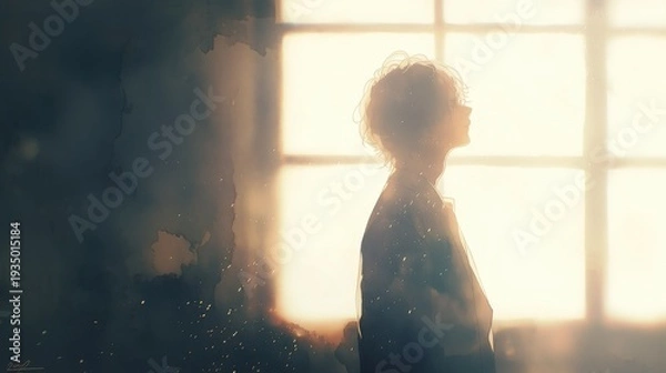 Obraz 柔らかな光が差し込む窓辺で外を眺める人物の静かな横顔のシルエット