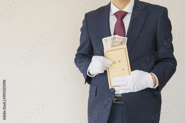 Obraz 給料袋を持つスーツを着た男性｜日本の一万円札の入った給料袋