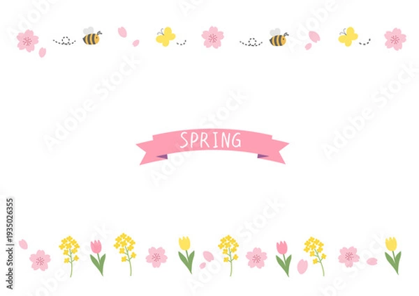 Obraz 春の背景イラスト　春のお花のイラスト　詰め合わせ　春素材　春のバナー　 ロゴ　桜
