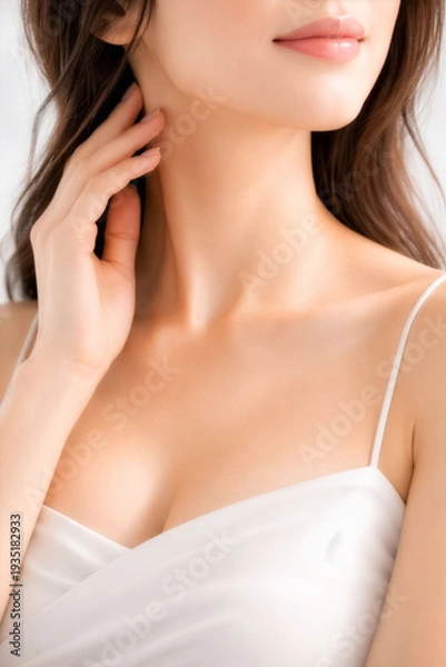 Obraz 透明感のある首元とデコルテが美しい若い女性のクローズアップ、白いキャミソールとやわらかな光でスキンケア・ボディケア広告に使える上質な美容パーツ素材
