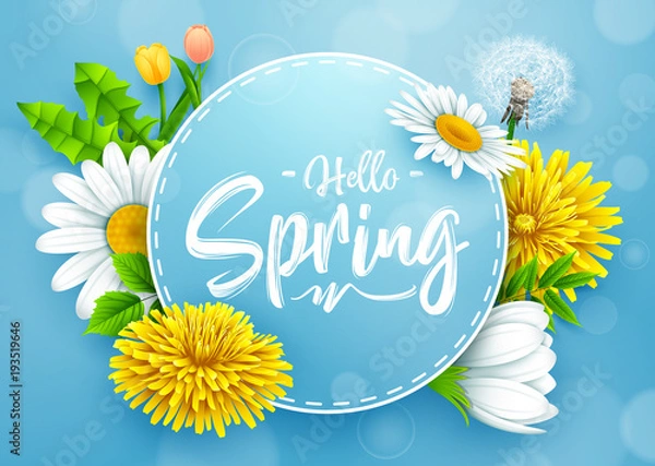 Obraz Witam Spring Banner z okrągłym ramą i różnymi kwiatami na niebieskim tle