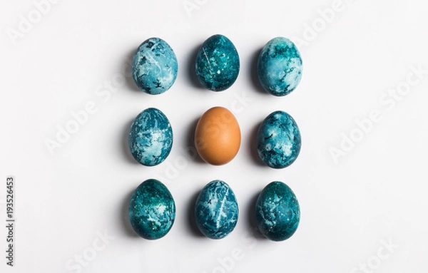 Obraz Easter eggs row isolated painted by hand in blue color on white background