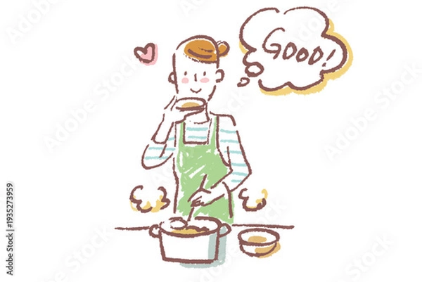 Fototapeta 台所で料理しながら味見をする若い女性　シンプルなクレヨンタッチのイラスト