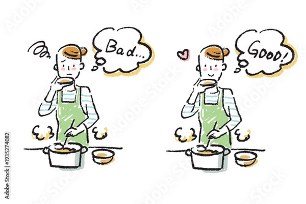 Fototapeta 台所で料理しながら味見をする若い女性　シンプルなクレヨンタッチのイラストのセット