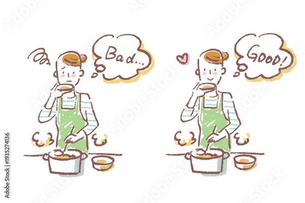 Fototapeta 台所で料理しながら味見をする若い女性　シンプルなクレヨンタッチのイラストのセット