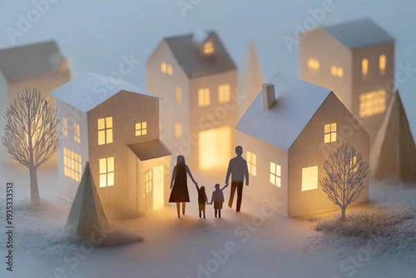 Obraz ペーパークラフトで描く暖かい灯りがともる街並み風景
