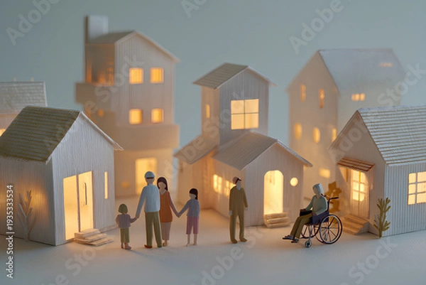 Obraz ペーパークラフトで描く暖かい灯りがともる街並み風景
