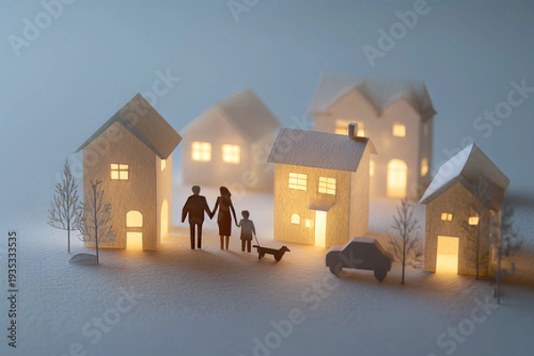 Obraz ペーパークラフトで描く暖かい灯りがともる街並み風景
