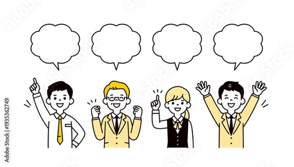 Obraz 吹き出しと、笑顔の社長・男性社員・女性社員のシンプルな上半身ベクターイラスト素材セット