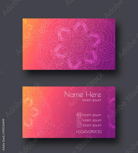 Fototapeta Creative template for designer, photographer or studio. Vector editable pattern with front and back side visit cards. Busines card vith mandala arabesque design doodle and brightful colorful warm