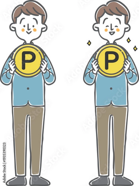 Obraz ポイントのコインを持つ男性　全身　ベクター