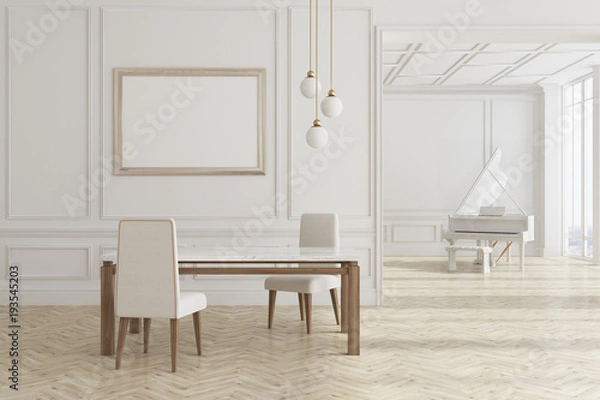 Fototapeta White dining room with piano and poster