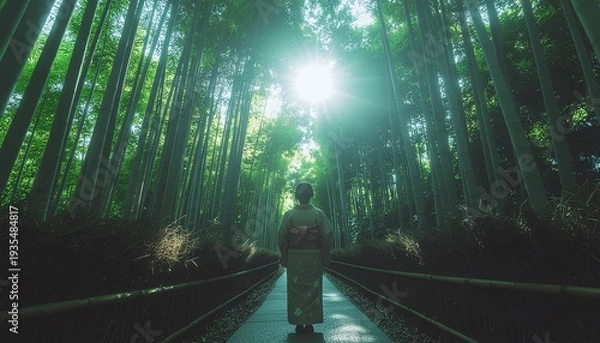 Obraz 夏 竹林 新緑 着物 女性 後ろ姿 風景