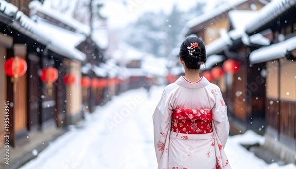 Obraz 冬 雪景色 町並み 着物 女性 後ろ姿